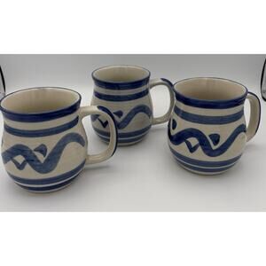 Hand Painted Blue & White Stoneware Mugs 12 ounces 3 Available